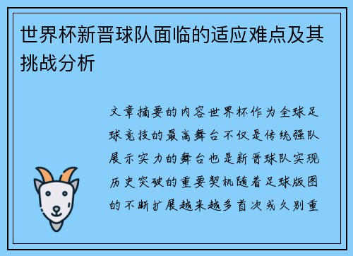 世界杯新晋球队面临的适应难点及其挑战分析